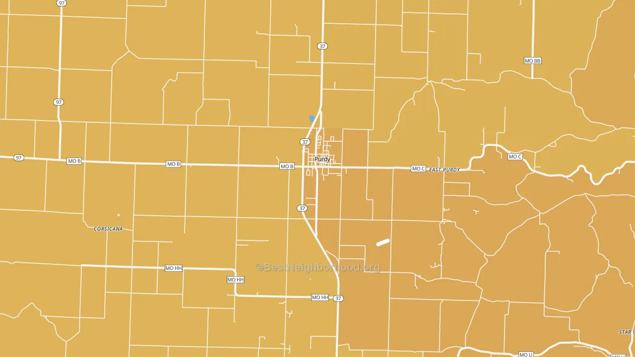 Map of the best neighborhoods in the Purdy area, with better matches in green and worse matches in red