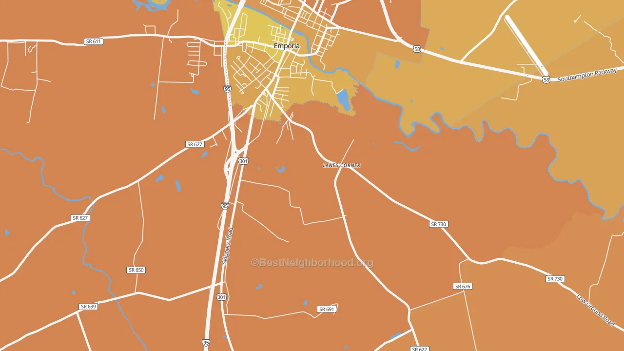 Map of the best neighborhoods in the Purdy area, with better matches in green and worse matches in red