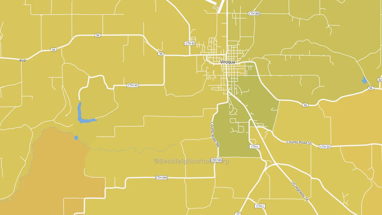 Map of the best neighborhoods in the Purdy area, with better matches in green and worse matches in red