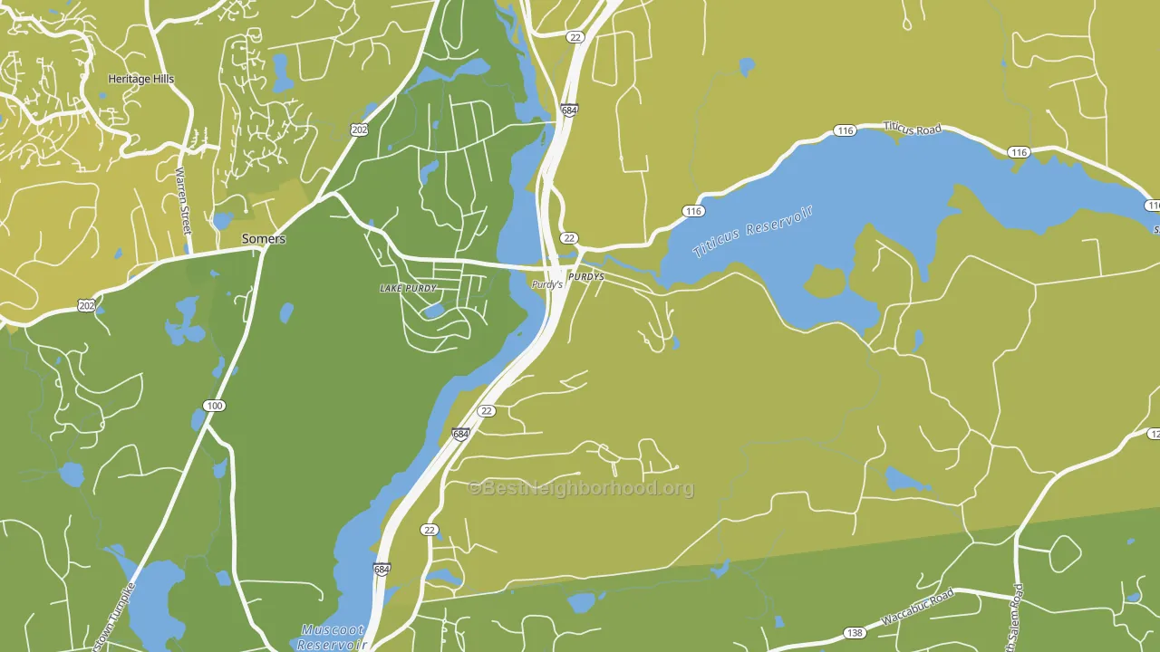 Map of the best neighborhoods in the Purdys area, with better matches in green and worse matches in red