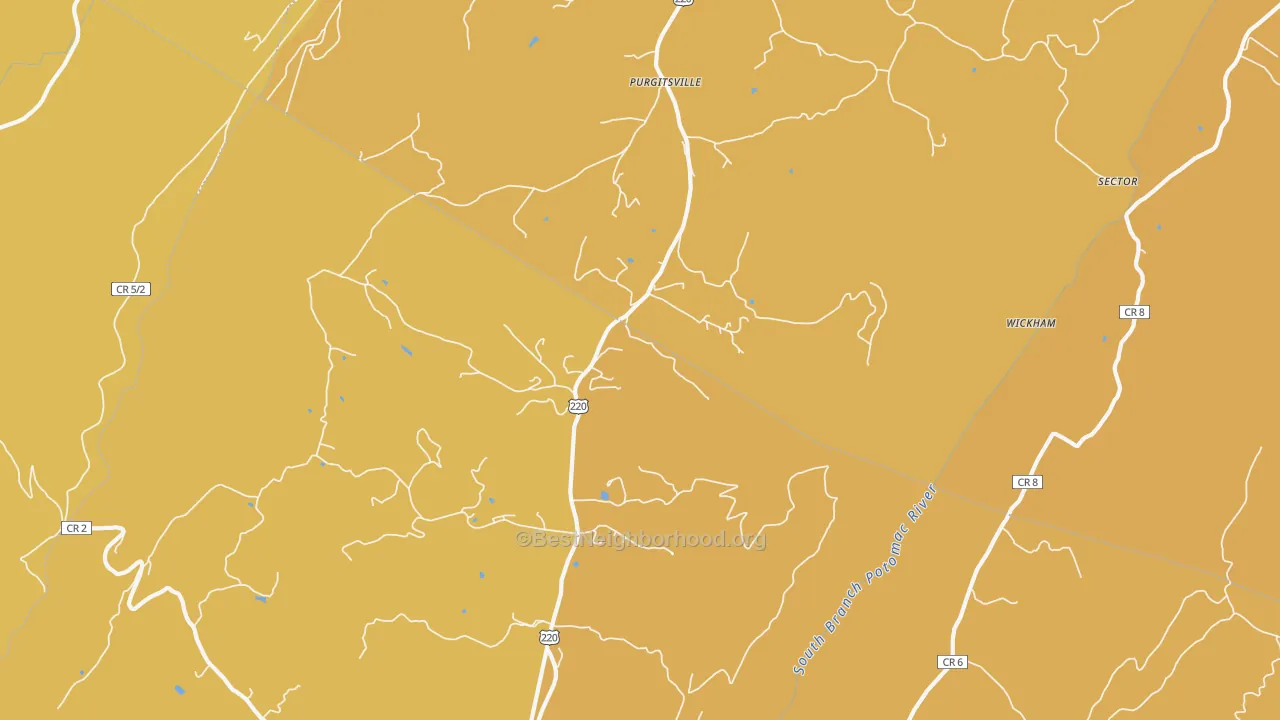 Map of the best neighborhoods in the Purgitsville area, with better matches in green and worse matches in red
