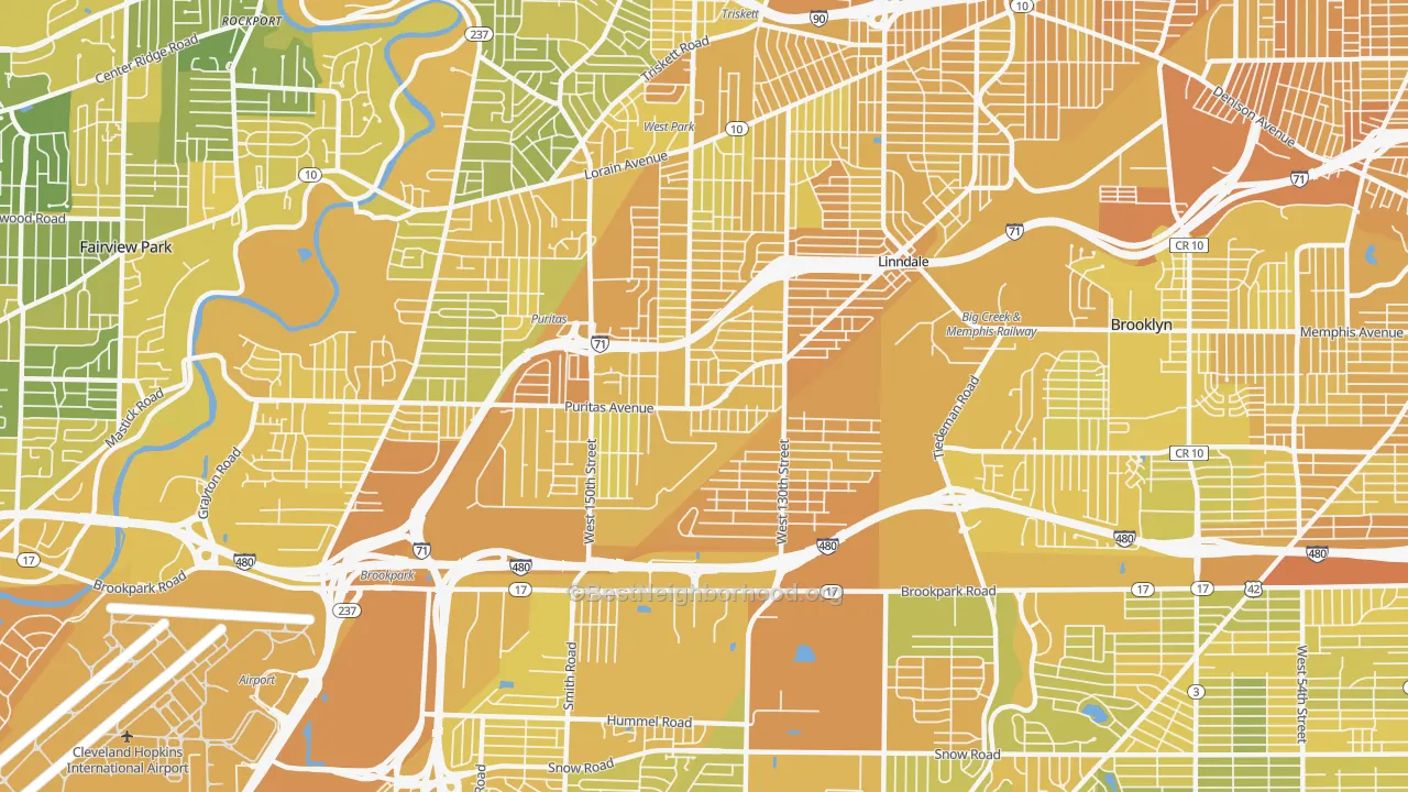 Map of the best neighborhoods in the Puritas Longmead, Cleveland area, with better matches in green and worse matches in red