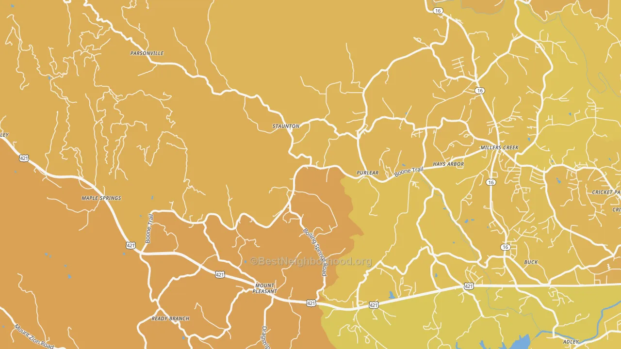 Map of the best neighborhoods in the Purlear area, with better matches in green and worse matches in red
