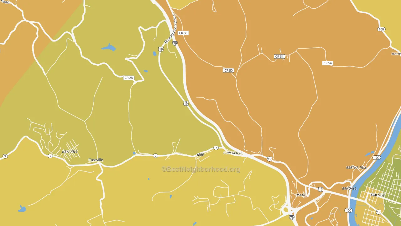 Map of the best neighborhoods in the Pursglove area, with better matches in green and worse matches in red