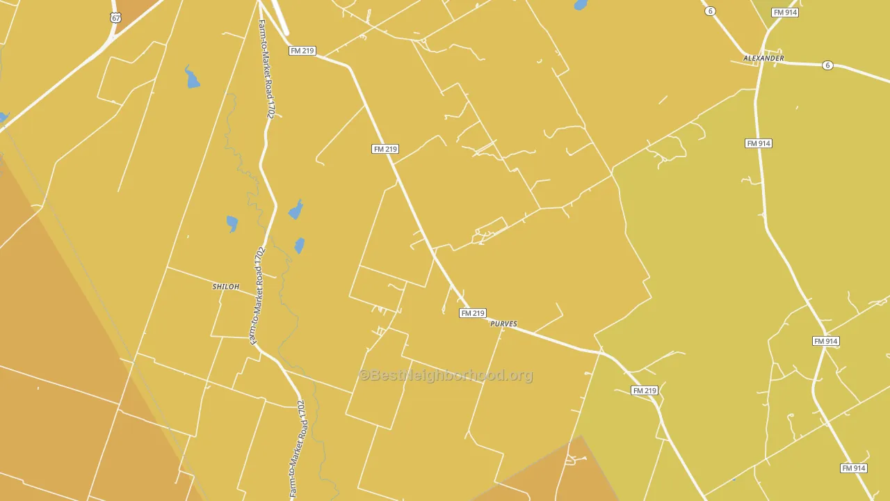 Map of the best neighborhoods in the Purves area, with better matches in green and worse matches in red