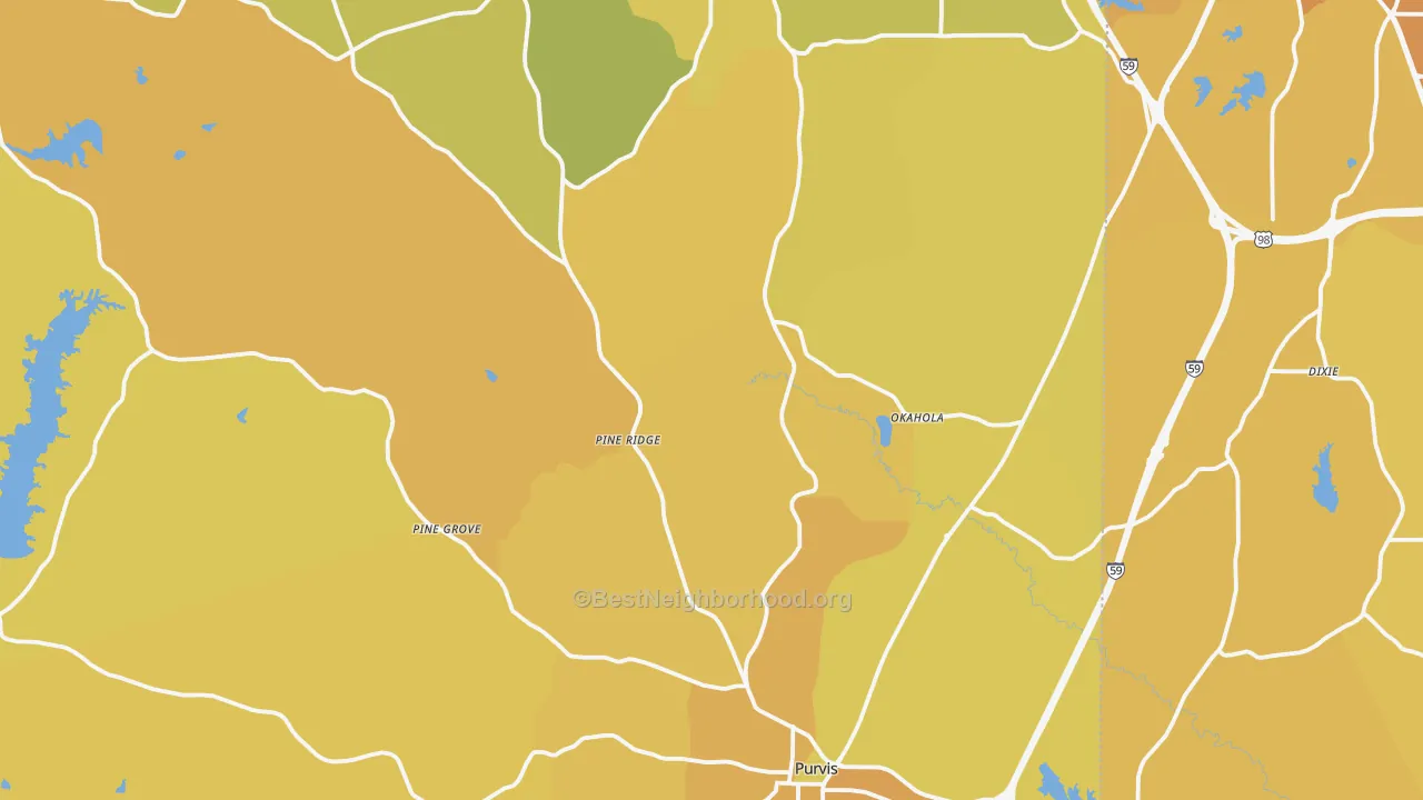 Map of the best neighborhoods in the Purvis area, with better matches in green and worse matches in red
