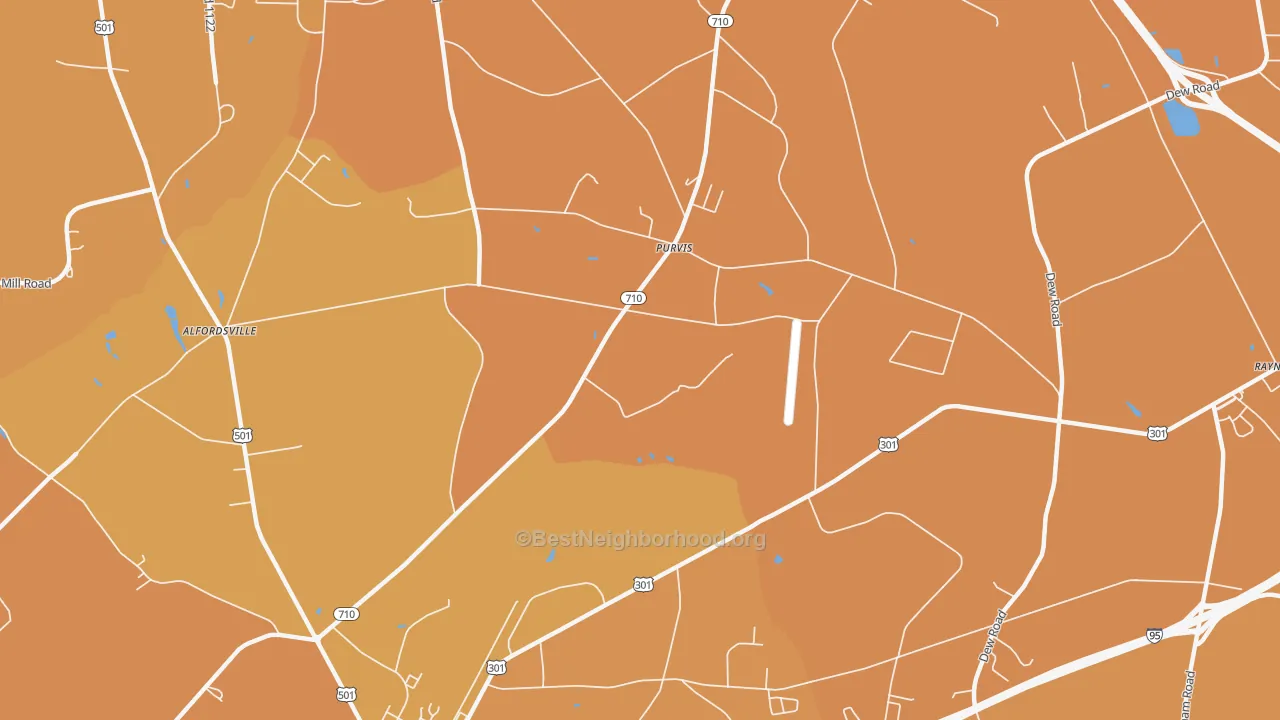 Map of the best neighborhoods in the Purvis area, with better matches in green and worse matches in red