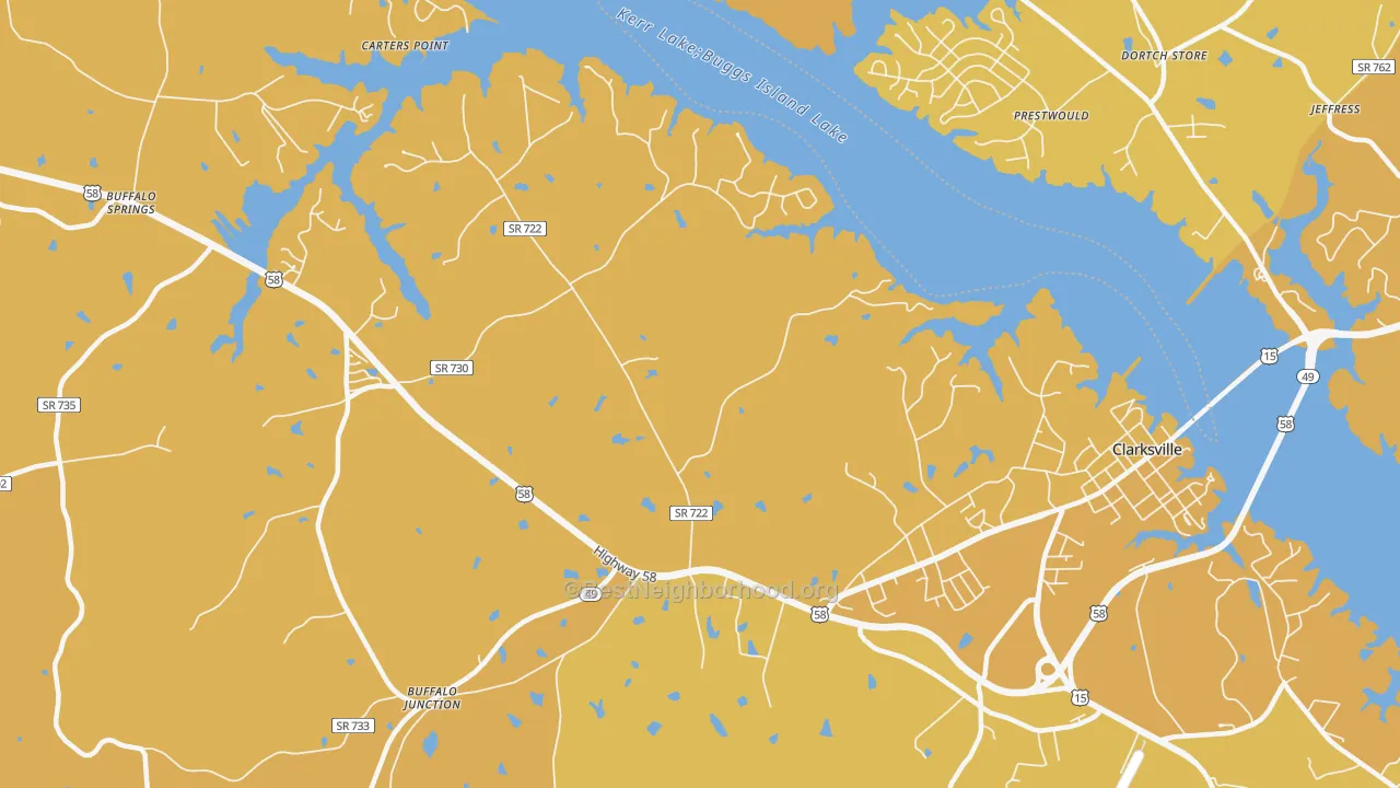 Map of the best neighborhoods in the Puryear Corner area, with better matches in green and worse matches in red