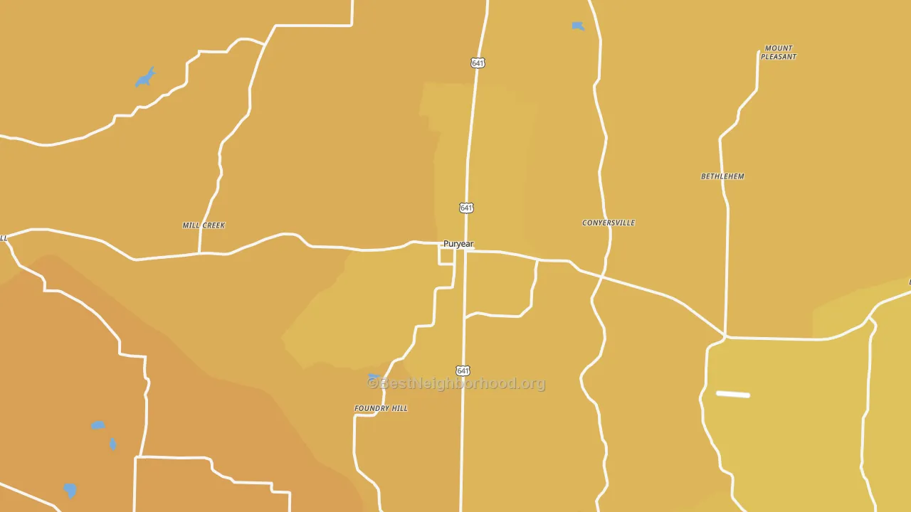 Map of the best neighborhoods in the Puryear area, with better matches in green and worse matches in red