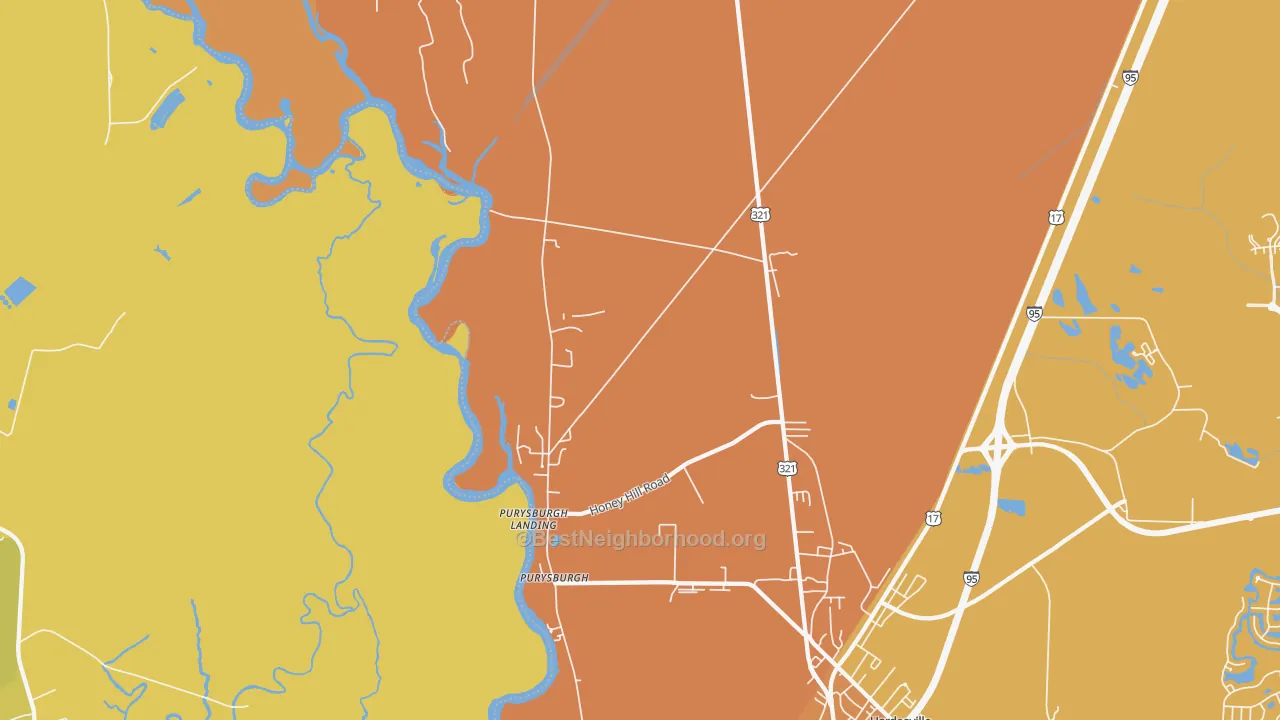 Map of the best neighborhoods in the Purysburgh area, with better matches in green and worse matches in red