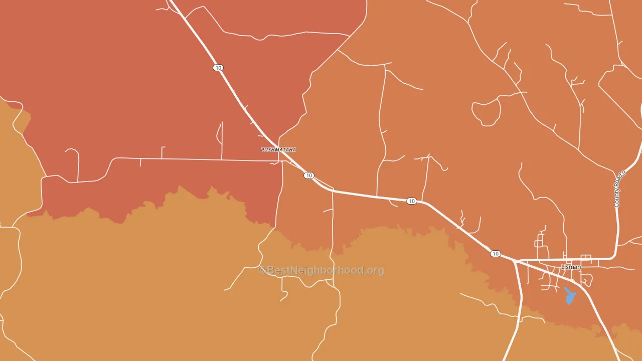 Map of the best neighborhoods in the Pushmataha area, with better matches in green and worse matches in red