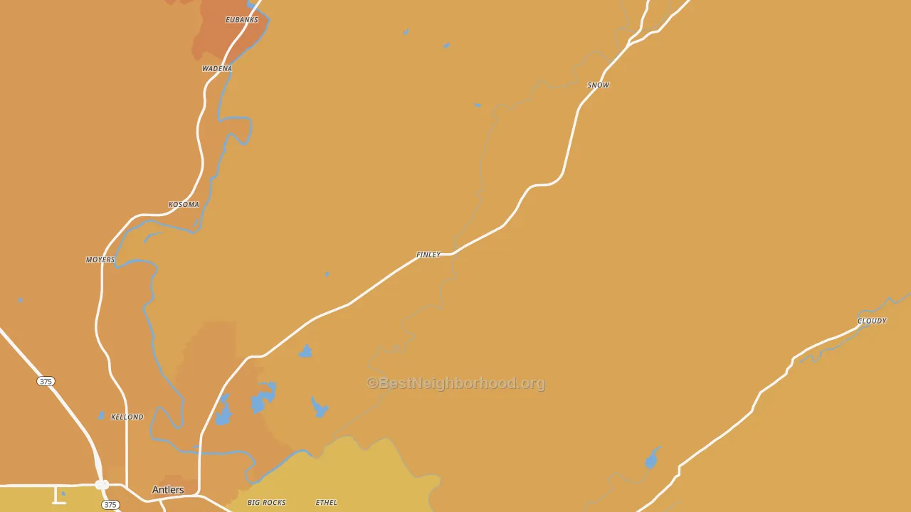Map of the best neighborhoods in the Pushmataha County area, with better matches in green and worse matches in red