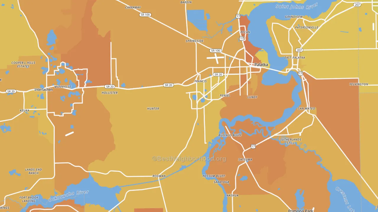 Map of the best neighborhoods in the Putnam County area, with better matches in green and worse matches in red
