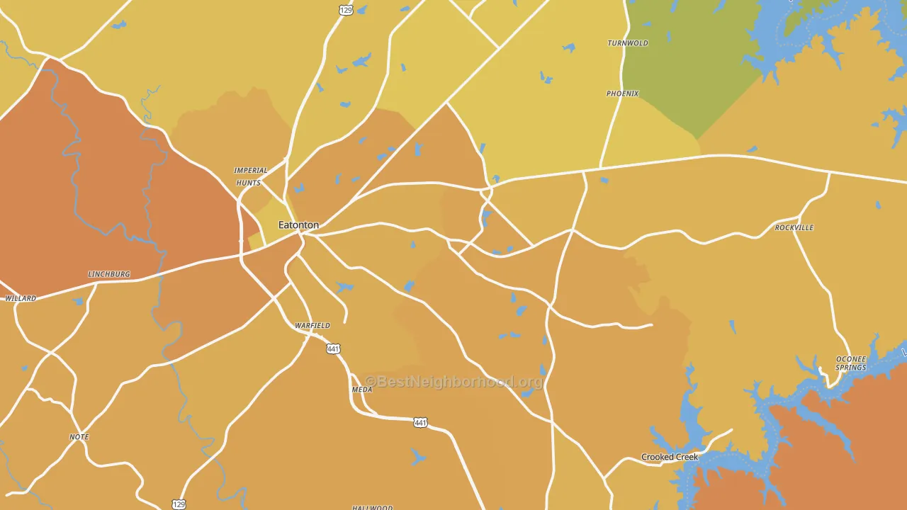 Map of the best neighborhoods in the Putnam County area, with better matches in green and worse matches in red