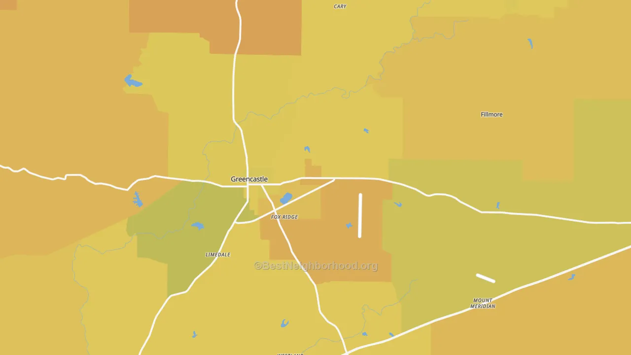 Map of the best neighborhoods in the Putnam County area, with better matches in green and worse matches in red