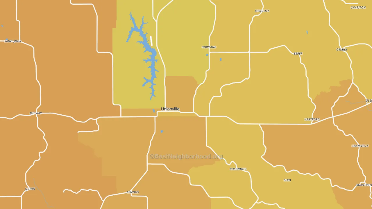 Map of the best neighborhoods in the Putnam County area, with better matches in green and worse matches in red