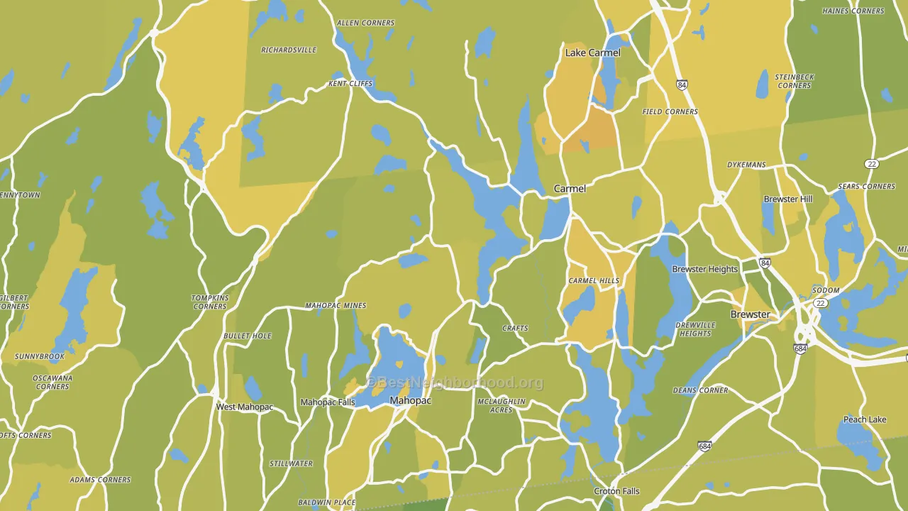 Map of the best neighborhoods in the Putnam County area, with better matches in green and worse matches in red