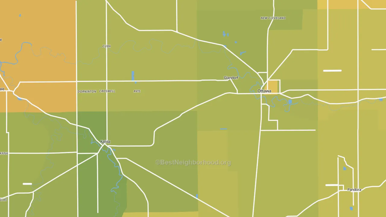 Map of the best neighborhoods in the Putnam County area, with better matches in green and worse matches in red