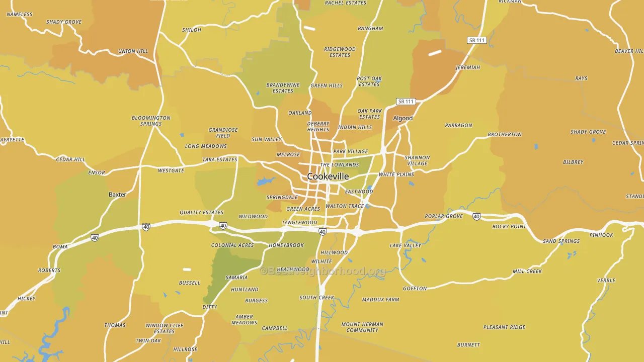 Map of the best neighborhoods in the Putnam County area, with better matches in green and worse matches in red