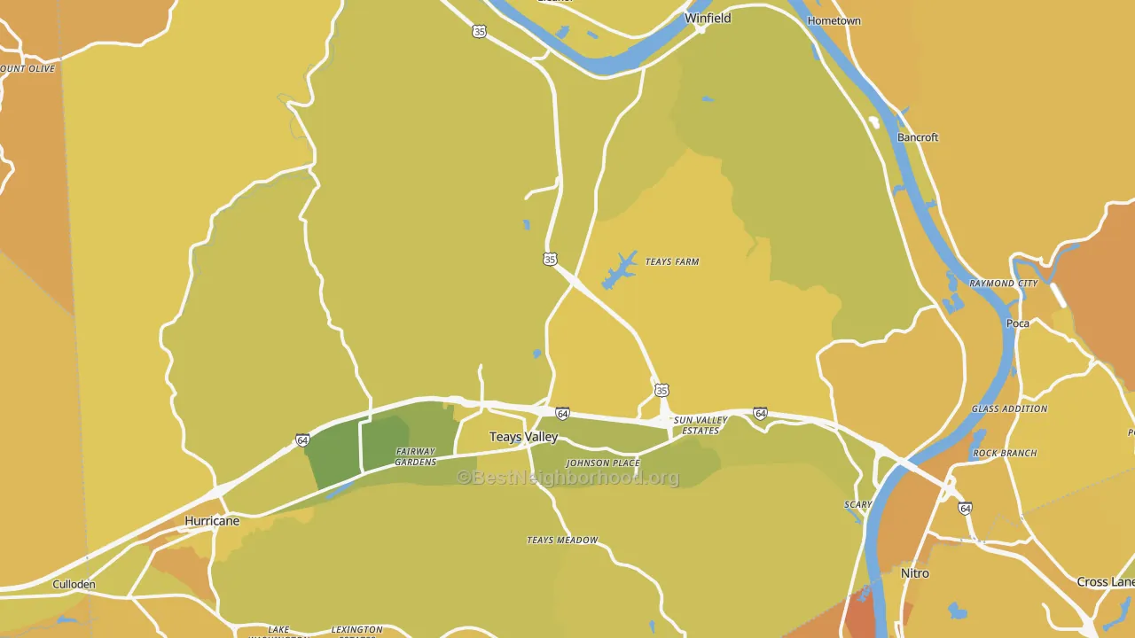 Map of the best neighborhoods in the Putnam County area, with better matches in green and worse matches in red