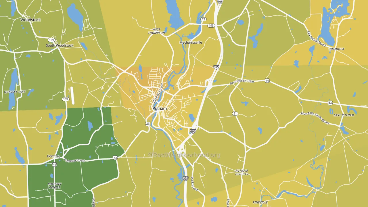 Map of the best neighborhoods in the Putnam area, with better matches in green and worse matches in red