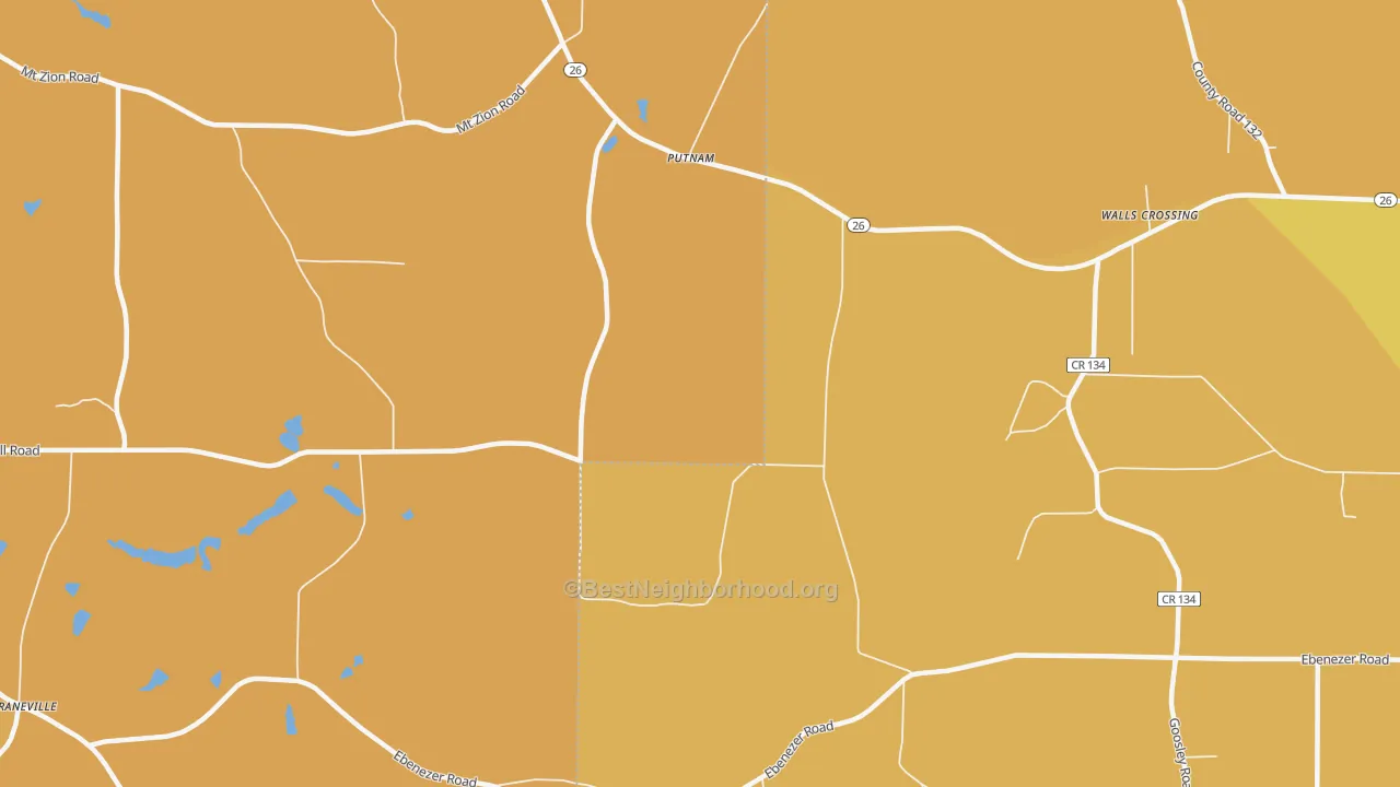 Map of the best neighborhoods in the Putnam area, with better matches in green and worse matches in red