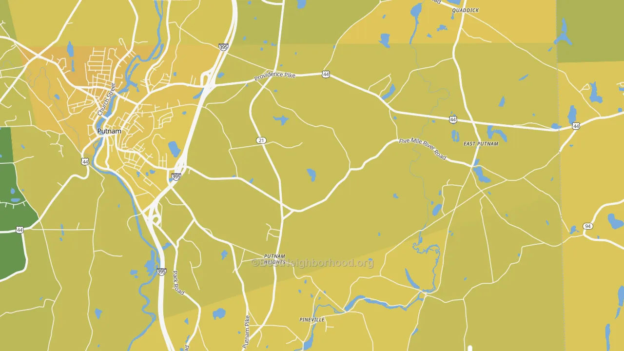 Map of the best neighborhoods in the Putnam Heights area, with better matches in green and worse matches in red