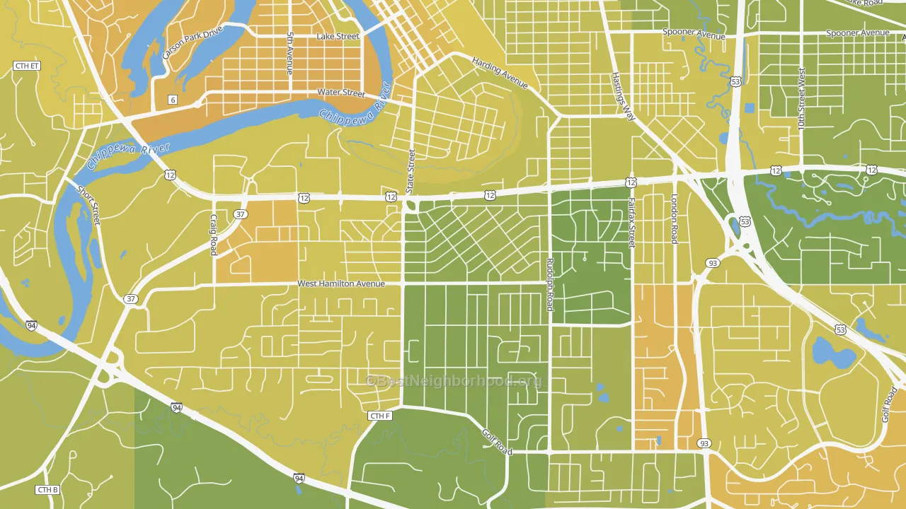 Map of the best neighborhoods in the Putnam Heights, Eau Claire area, with better matches in green and worse matches in red