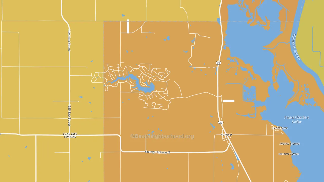 Map of the best neighborhoods in the Putnam area, with better matches in green and worse matches in red