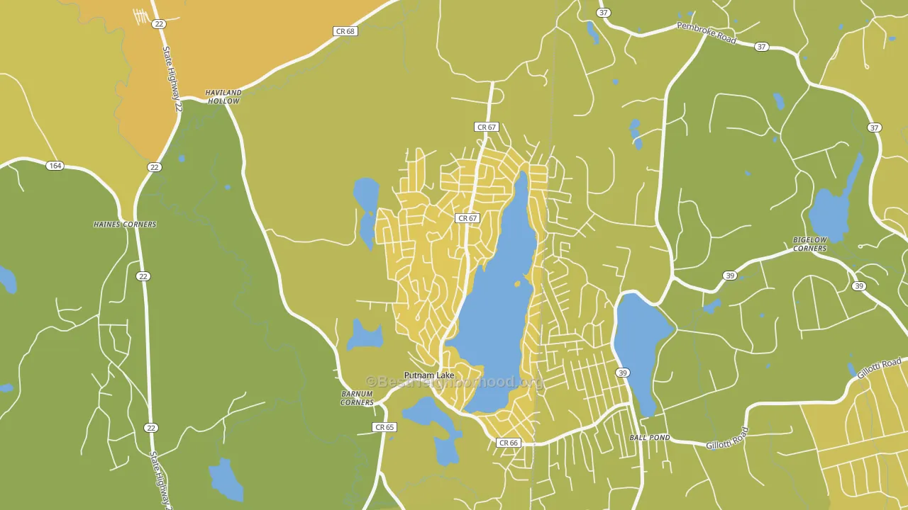 Map of the best neighborhoods in the Putnam Lake, Patterson area, with better matches in green and worse matches in red