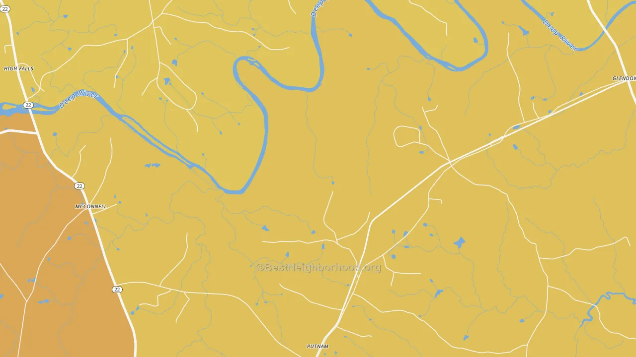 Map of the best neighborhoods in the Putnam area, with better matches in green and worse matches in red