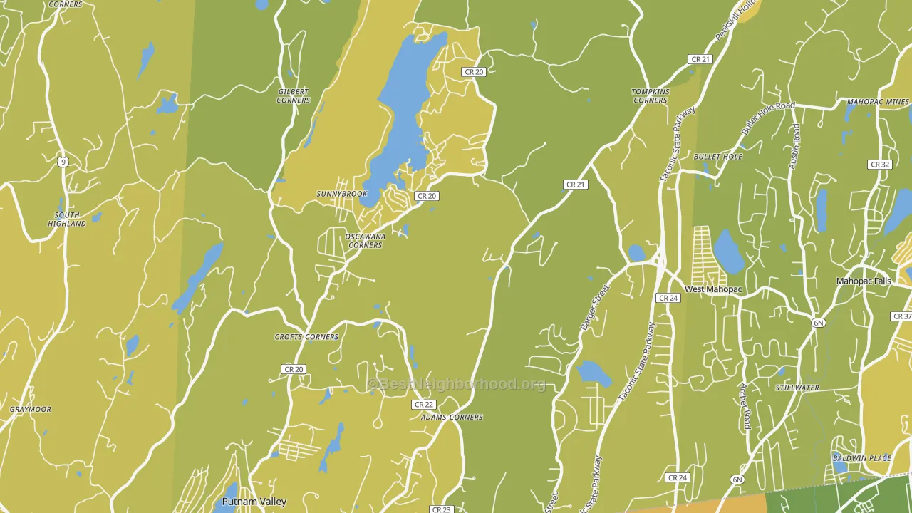 Map of the best neighborhoods in the Putnam Valley area, with better matches in green and worse matches in red