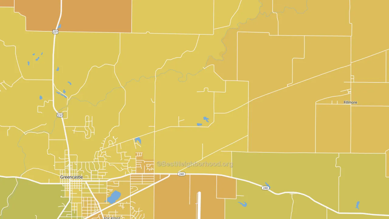 Map of the best neighborhoods in the Putnamville area, with better matches in green and worse matches in red