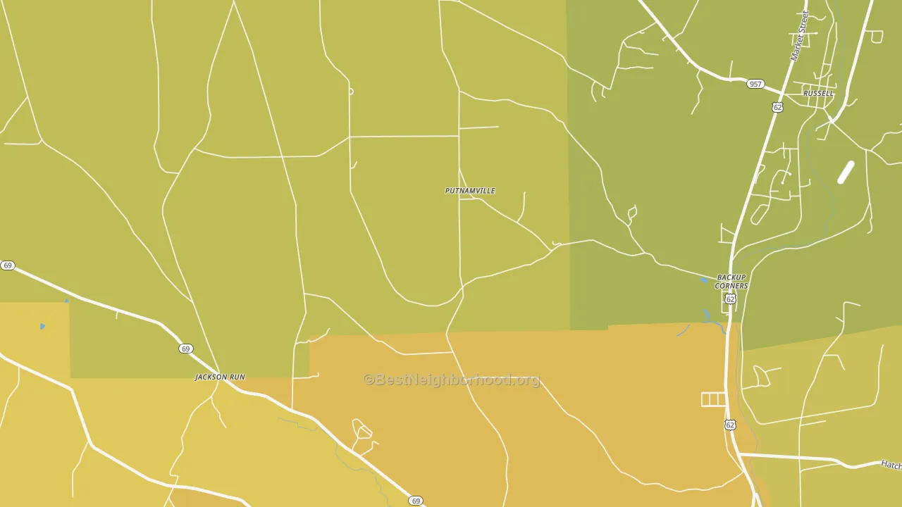 Map of the best neighborhoods in the Putnamville area, with better matches in green and worse matches in red
