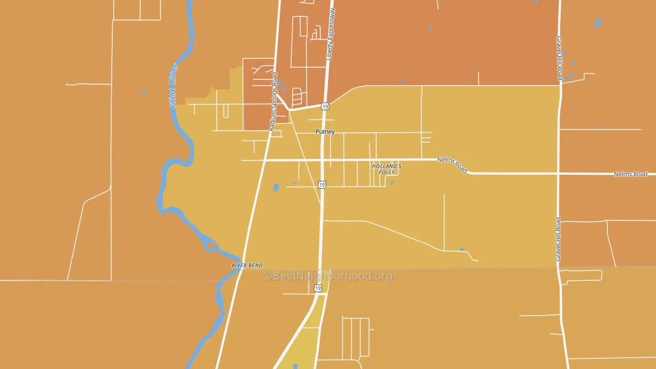 Map of the best neighborhoods in the Putney area, with better matches in green and worse matches in red