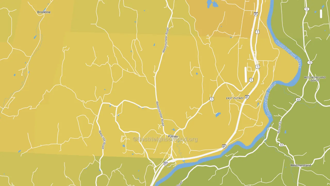 Map of the best neighborhoods in the Putney area, with better matches in green and worse matches in red