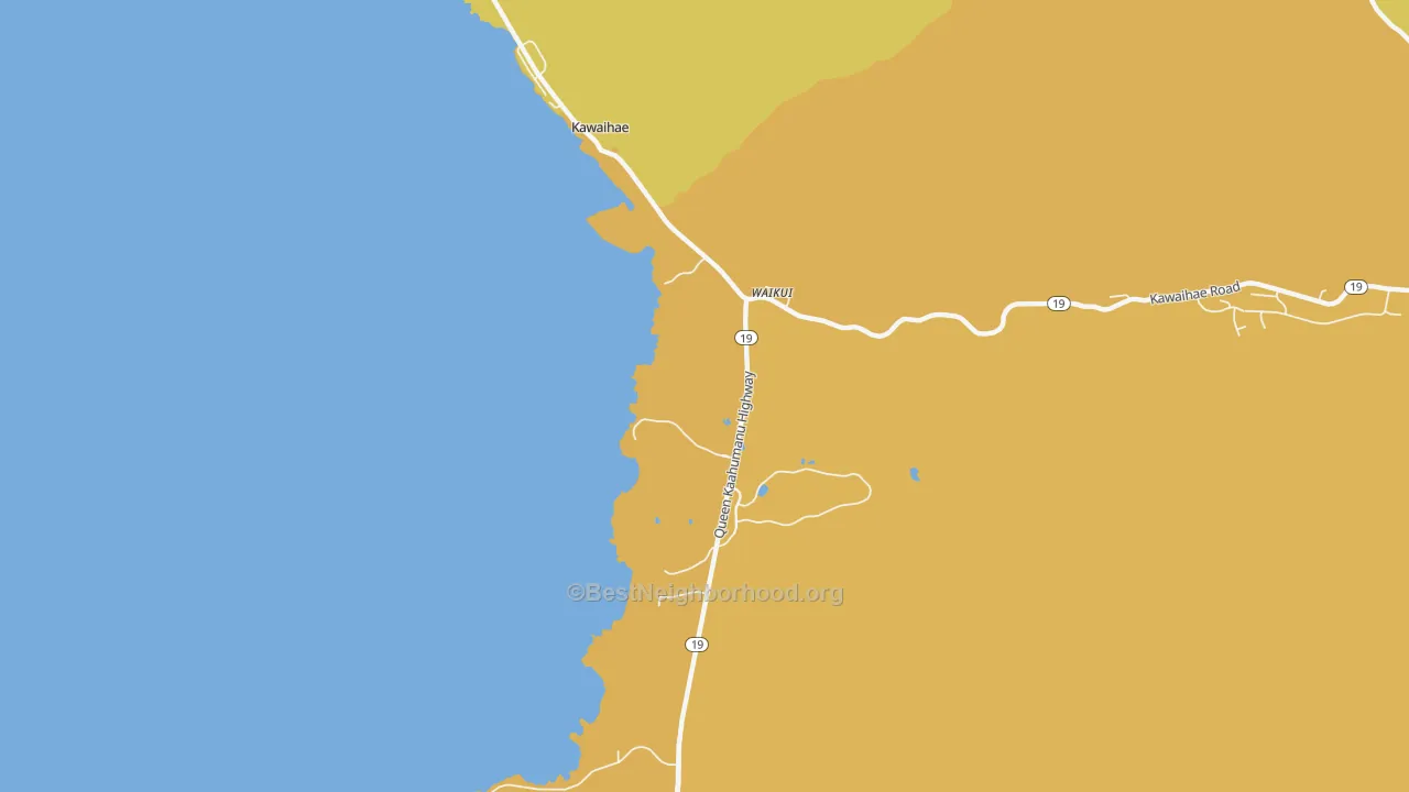 Map of the best neighborhoods in the Puukohola Heiau National Historic Site area, with better matches in green and worse matches in red