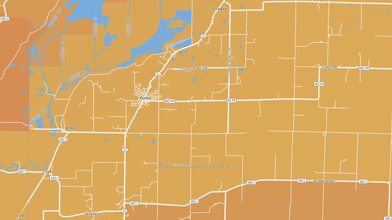 Map of the best neighborhoods in the Puxico area, with better matches in green and worse matches in red