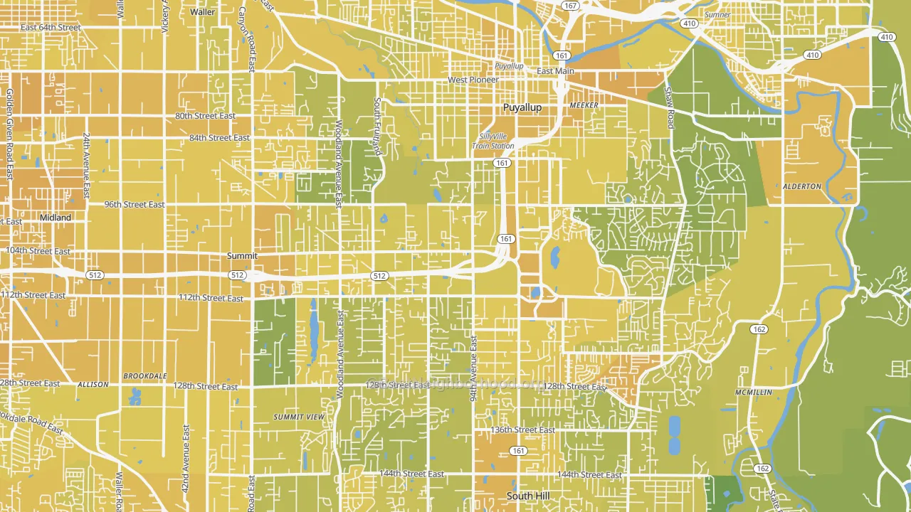 Map of the best neighborhoods in the Puyallup area, with better matches in green and worse matches in red