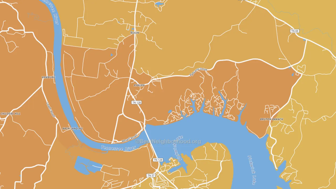 Map of the best neighborhoods in the Pyburns area, with better matches in green and worse matches in red