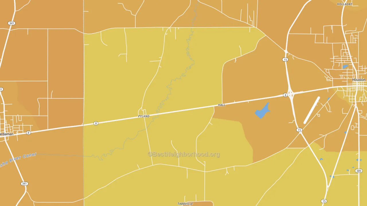 Map of the best neighborhoods in the Pyland area, with better matches in green and worse matches in red