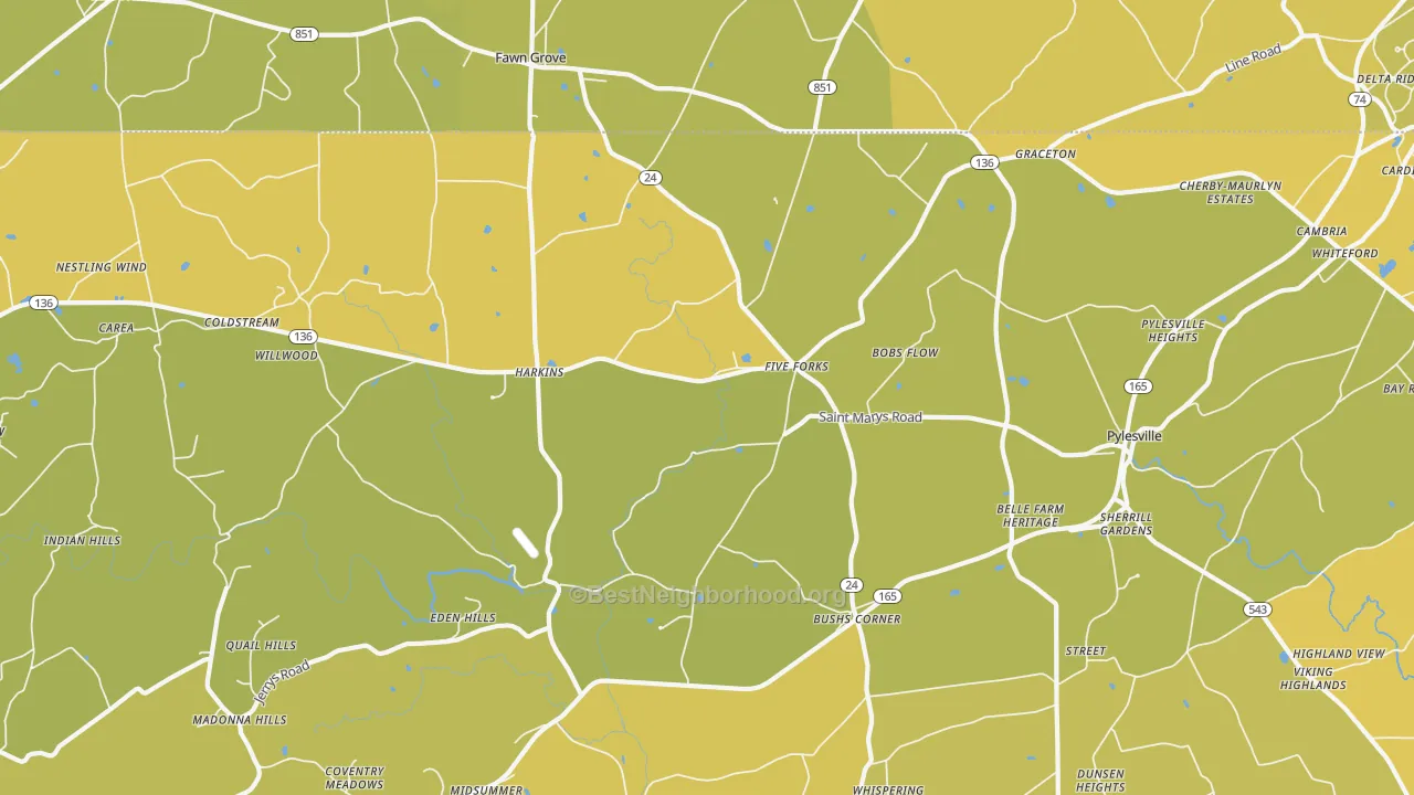 Map of the best neighborhoods in the Pylesville area, with better matches in green and worse matches in red