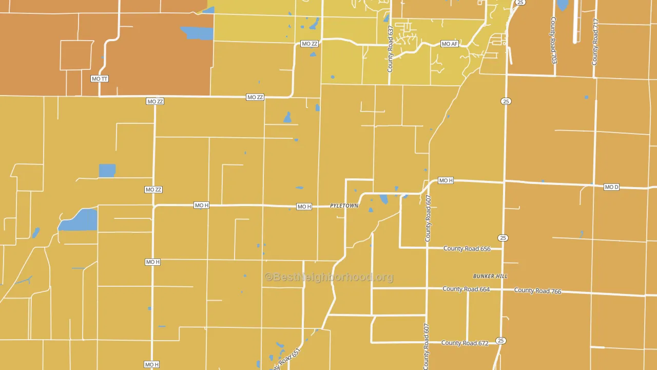 Map of the best neighborhoods in the Pyletown area, with better matches in green and worse matches in red