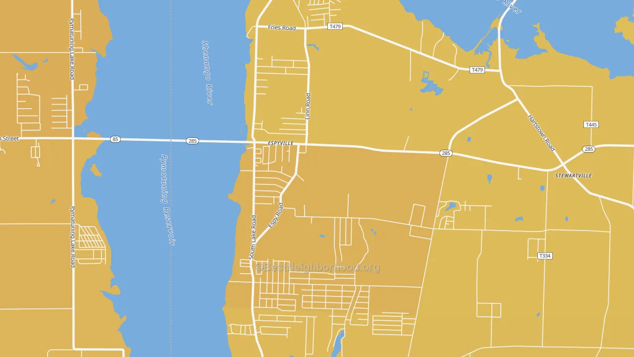 Map of the best neighborhoods in the Pymatuning Central area, with better matches in green and worse matches in red