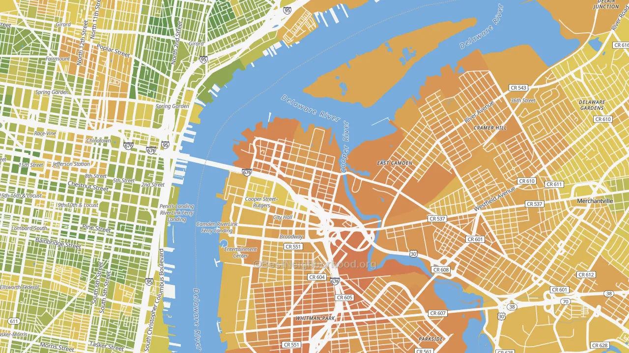 Map of the best neighborhoods in the Pyne Poynt, Camden area, with better matches in green and worse matches in red