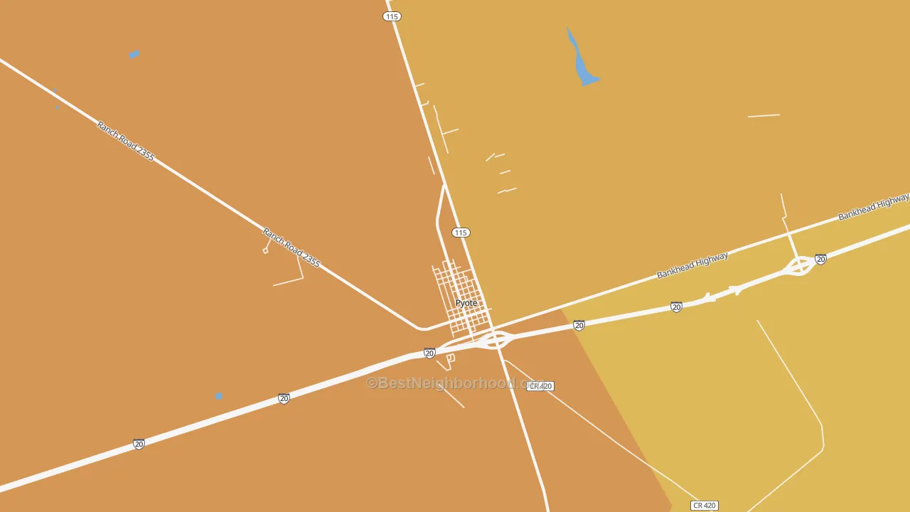 Map of the best neighborhoods in the Pyote area, with better matches in green and worse matches in red