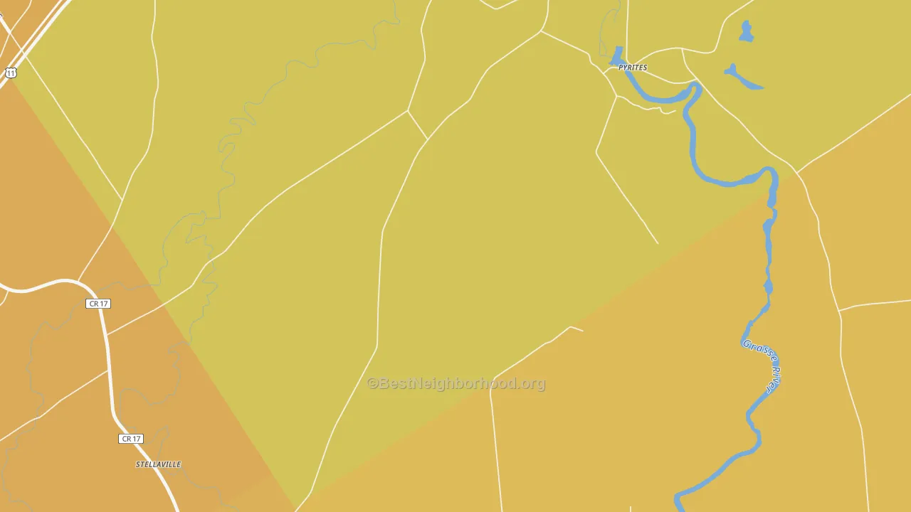 Map of the best neighborhoods in the Pyrites area, with better matches in green and worse matches in red