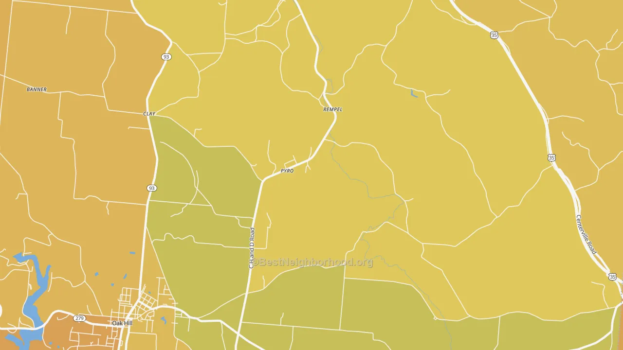Map of the best neighborhoods in the Pyro area, with better matches in green and worse matches in red