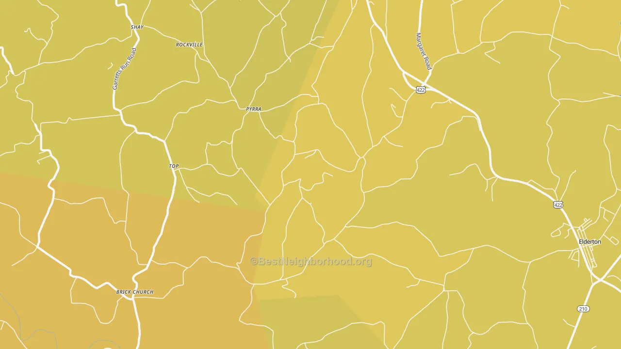 Map of the best neighborhoods in the Pyrra area, with better matches in green and worse matches in red