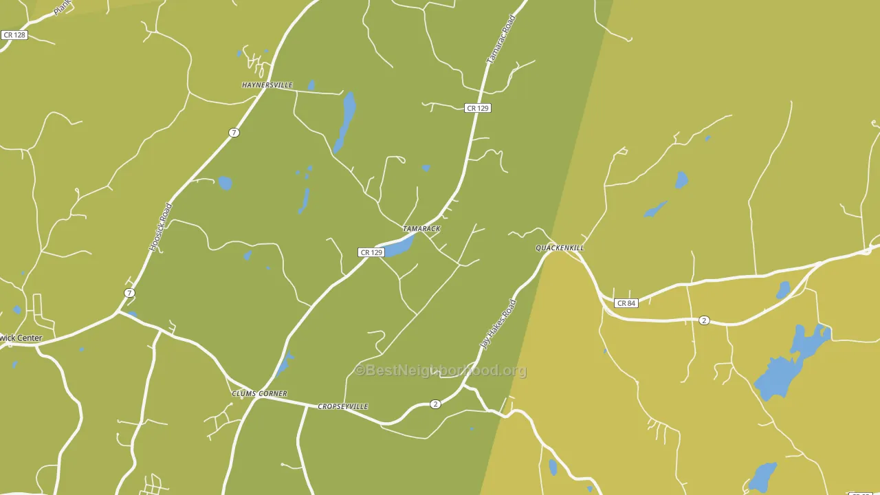 Map of the best neighborhoods in the Quackenkill area, with better matches in green and worse matches in red
